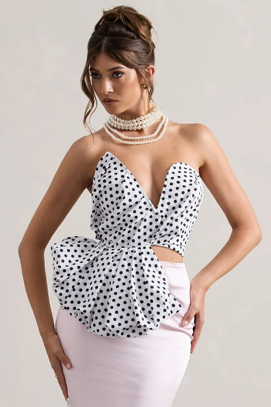 Everyday Fashion Haute | Cream Polka Dot Asymmetric Plunge-Neck Corset With Ruffle