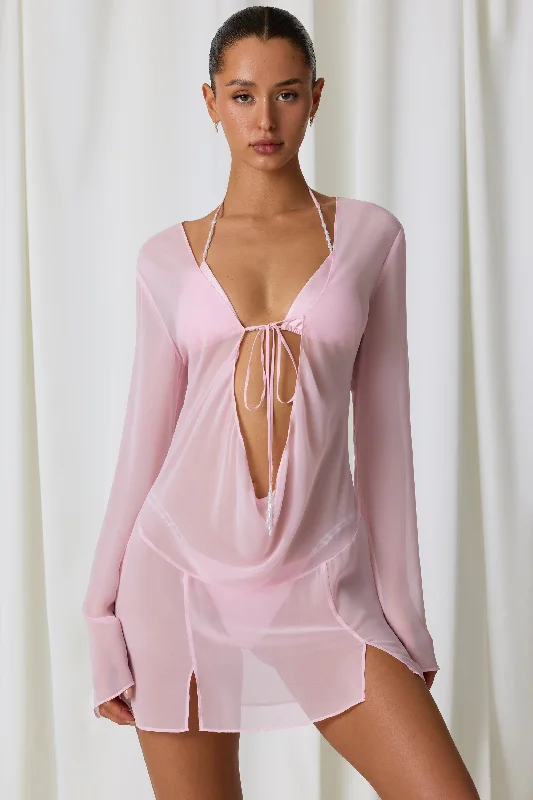 Odd Size Clearance Sale Pearl-Detail Cowl-Neck Micro Mini Dress in Soft Pink