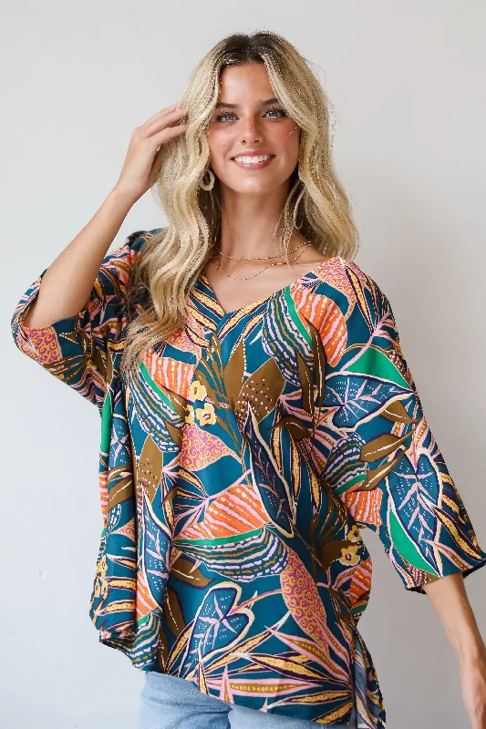 Everyday Glamour FINAL SALE - Incredible Allure Teal Leaf Print Oversized Blouse