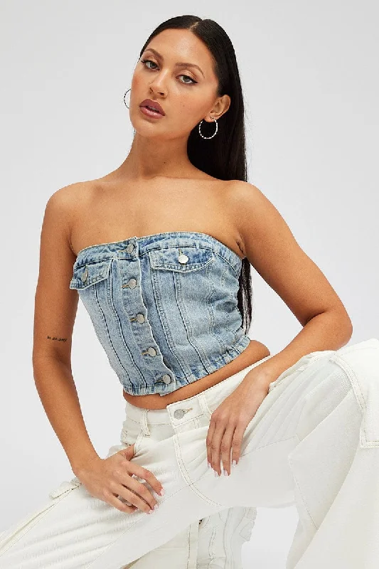 Chic Outfits Denim Bandeau Top Sleeveless Corset