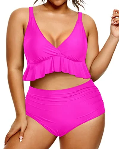 Embrace New Fashion Plus Size Two Piece Bikini Set Tummy Control Ruffle Swimsuits For Women-Neon Pink