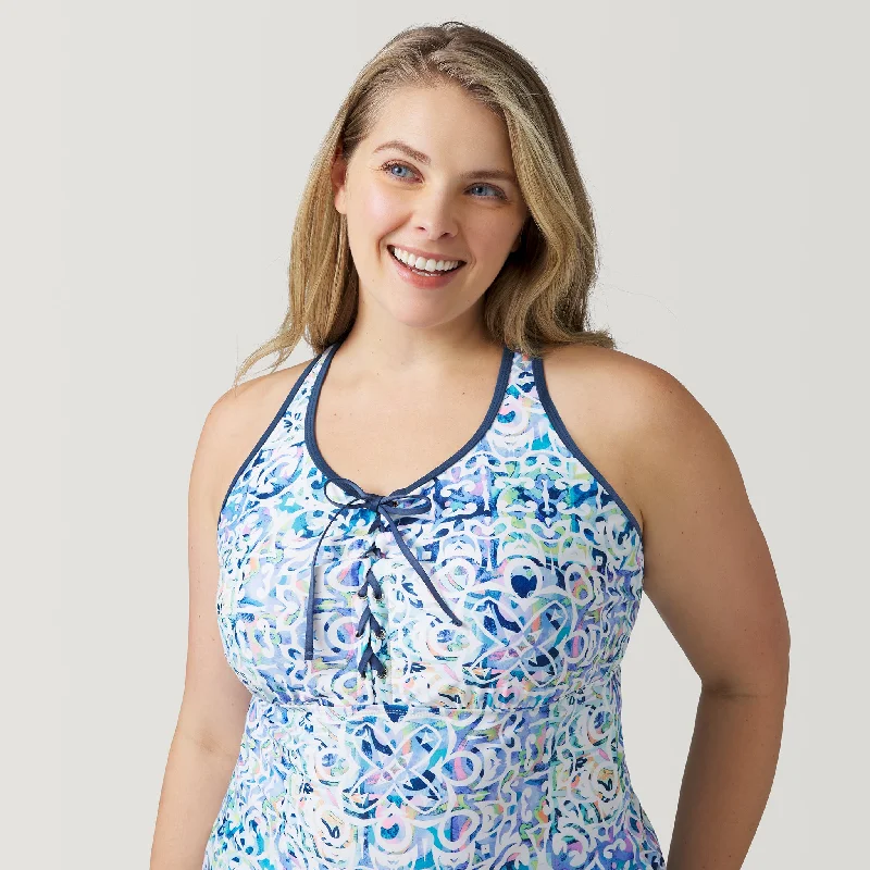 Vintage Fashion Women's Plus Size Mosaic Mirage Lace Up Racerback Tankini Top