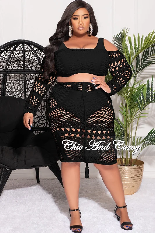 Hot Styles Final Sale Plus Size 2pc Crochet Crop Top and Skirt Set in Black