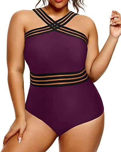 Trend Alert Plus Size One Piece Swimsuits Tummy Control High Waisted Full Coverage Monokinis-Maroon