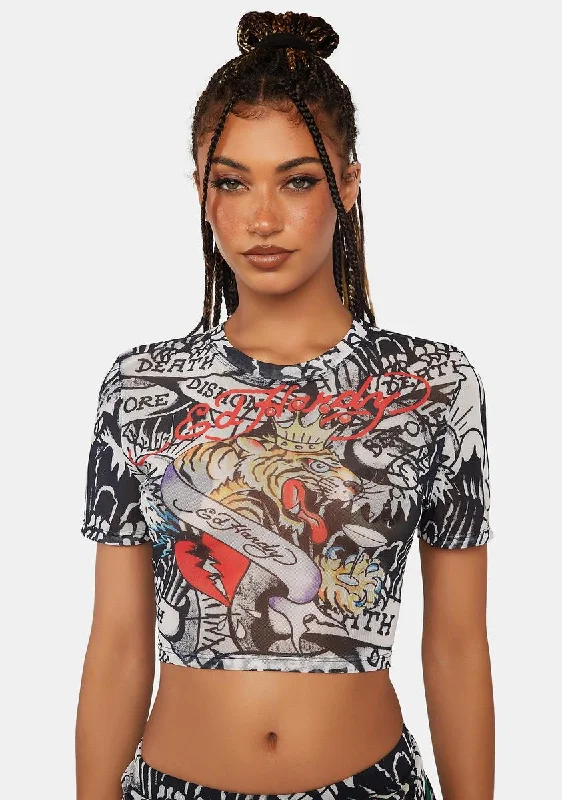 Contemporary Elegance Tiger Crown Mesh Crop Tee