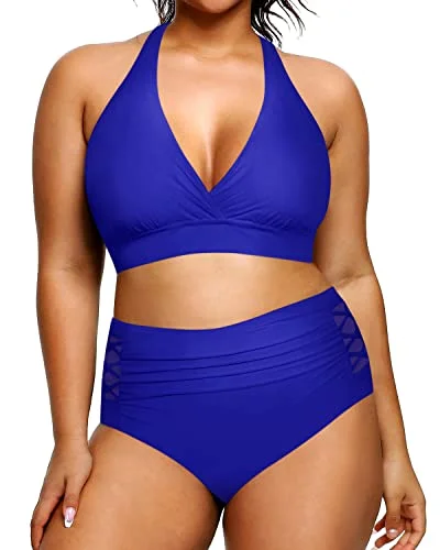 Quick Grab Deals V Neck Two Piece Plus Size Halter Bikini Swimsuits Push Up Pads-Royal Blue