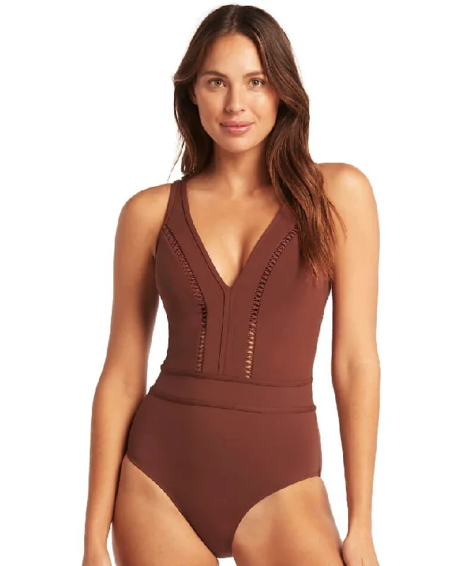 Hurry Before It's Gone Sea Level Lola Shimmer Spliced Plunge with Ladder Lace One Piece Swimsuit - Cinnamon