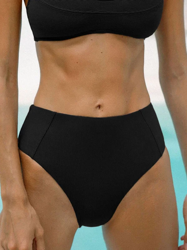 Everyday Glamour Black Ribbed Seam Full Coverage Bikini Bottom