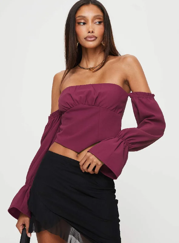 Relaxed Style Siple Off The Shoulder Top Wine