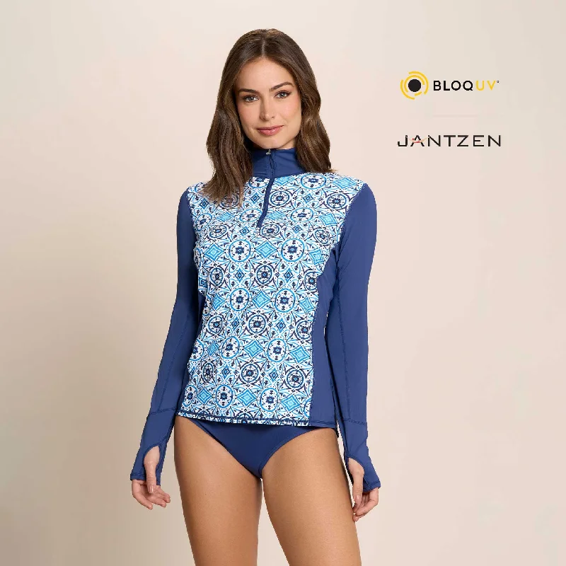 Trendy Styles MOROCCAN TILES RELAXED MOCK NECK ZIP TOP