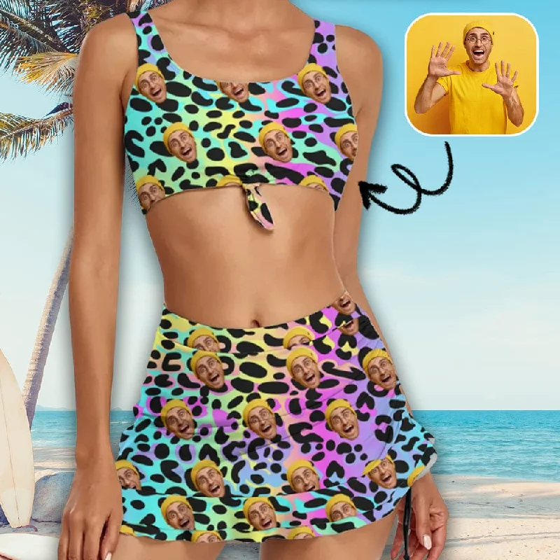 Elegant Style Custom Face Colorful Leopard Bikini Set Personalized Drawstring Chest Strap Bikini Skirt