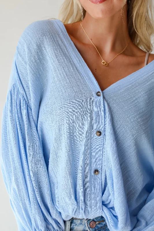 Graceful Drape FINAL SALE - Sleek Dedication Light Blue Linen Blouse