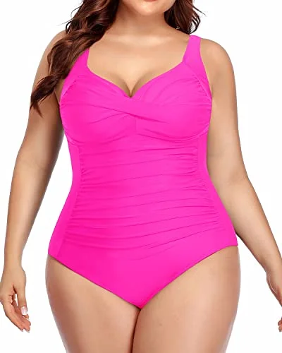 Wardrobe Essentials Retro One Piece Bathing Suits Vintage Ruched Cross Swimsuits-Neon Pink