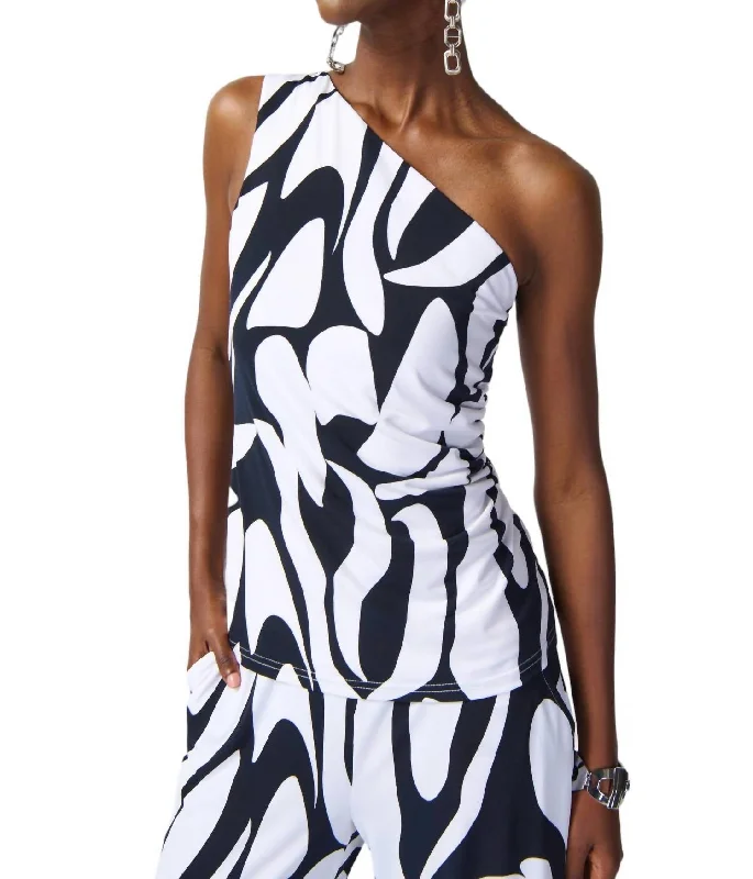 Trendy Aesthetics Abstract Print One Shoulder Top In Midnight Blue/vanilla