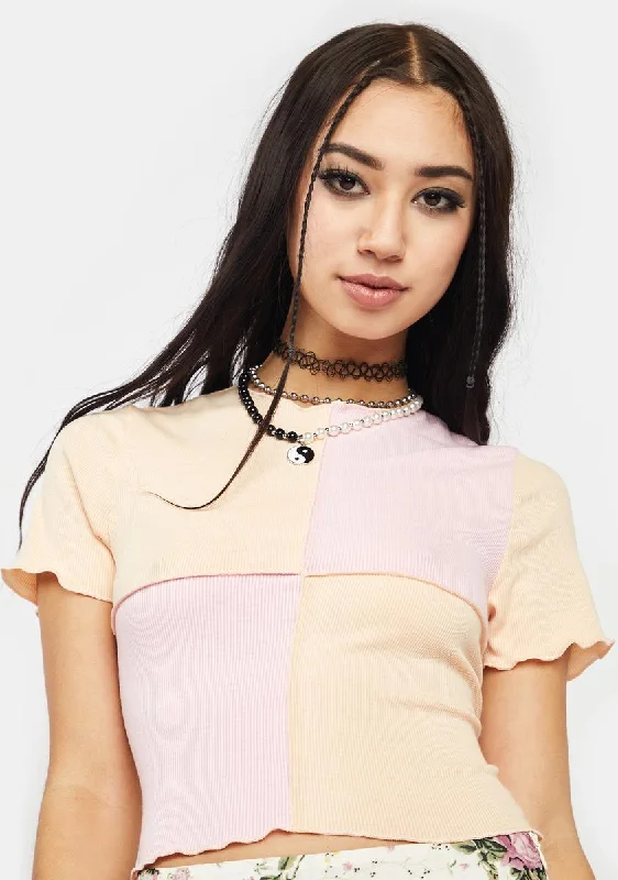 Women's Urban Fashion Peach Mimosa Patchwork Crop Tee