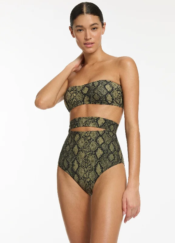 Trendy Street Style Attire Python Ultra High Waist Splice Bikini Bottom - Olive