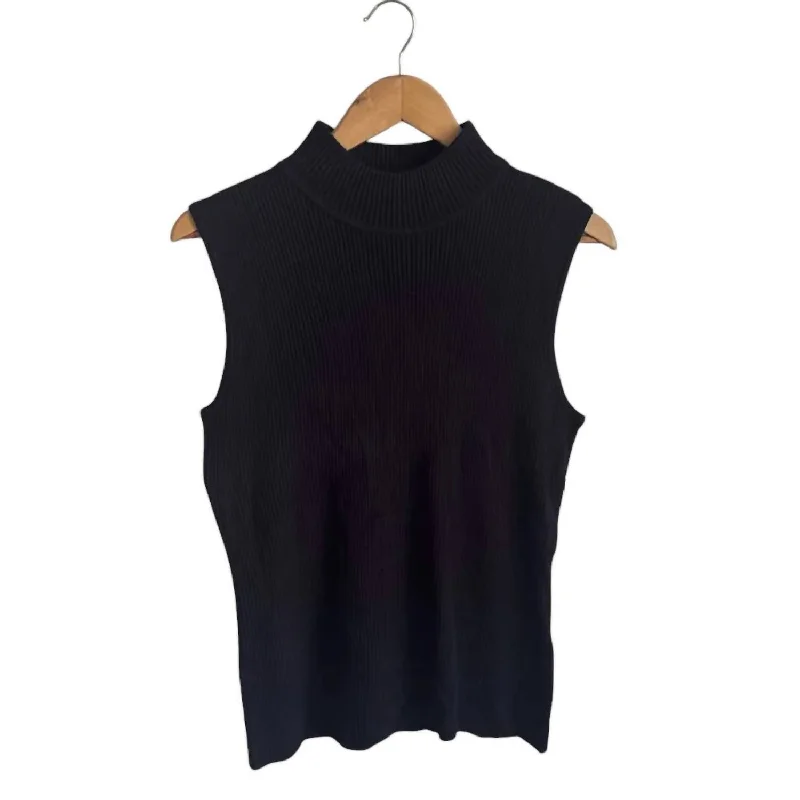 Style Without Limits Women's Ribbed Sleeveless Mock Neck Knit Top In Black