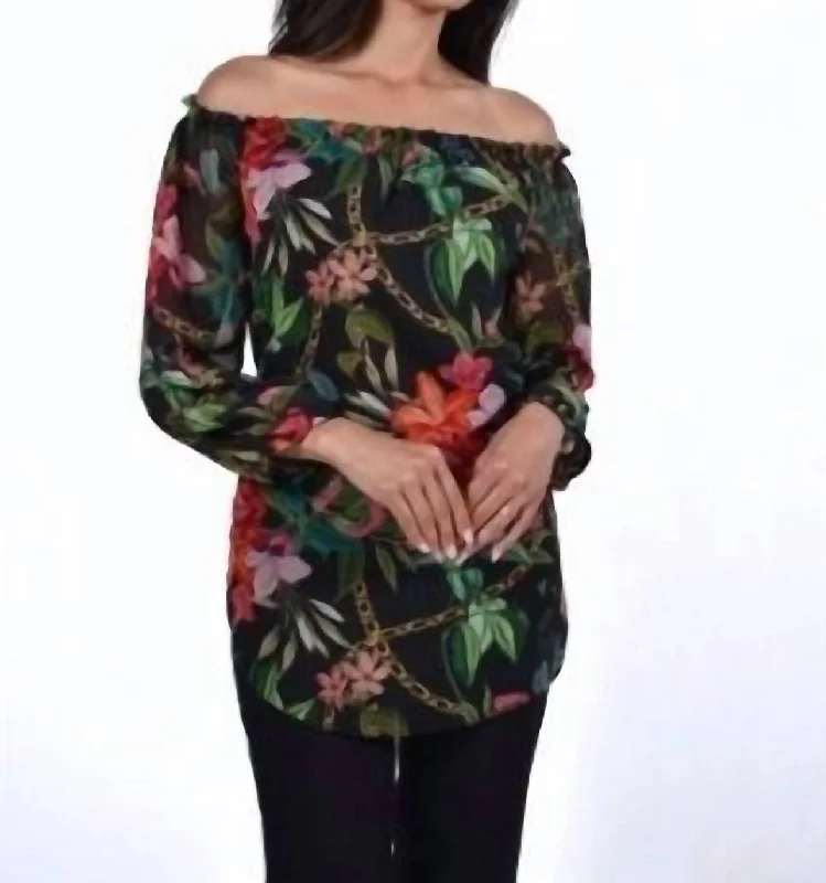 You'Ll Love Us Because Floral Off The Shoulder Top In Black/green