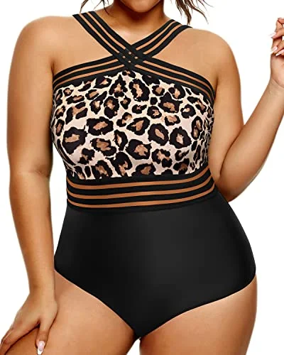 Trend Alert High Waist Full Coverage Monokini Swimsuits For Women Plus Size Swimming Suits-Black And Leopard