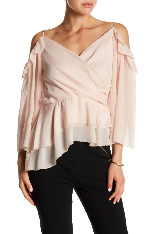 Hollywood Glam Award - Show Style Silk Ruffle Blush Off Shoulder Top In Pink