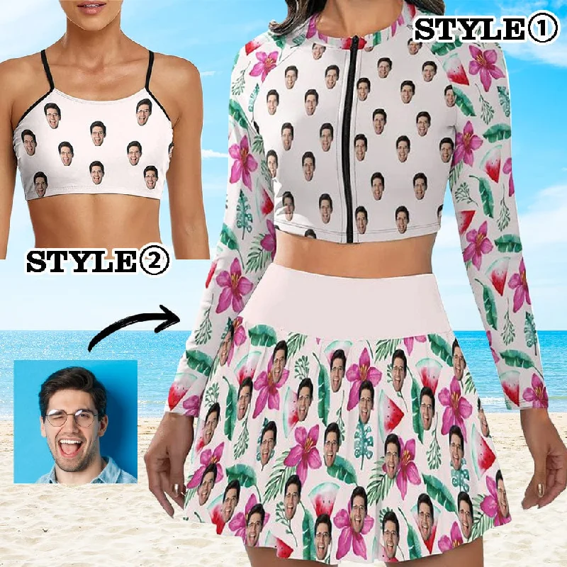 Fashion Essentials Custom Face Watermelon White Bikini Top&Bottom Women's Swim Skirt With Bottom Long Sleeve Zip Top