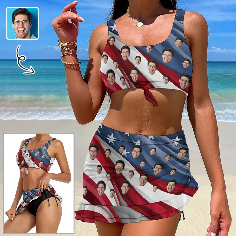 Trend Driven Wardrobe Custom Face USA Flag Bikini Set Personalized Drawstring Chest Strap Bikini Skirt