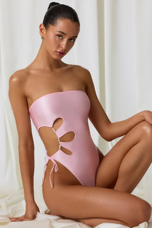 Limited Quantities Pearl-Detail Cut-Out Bandeau Swimsuit in Soft Pink