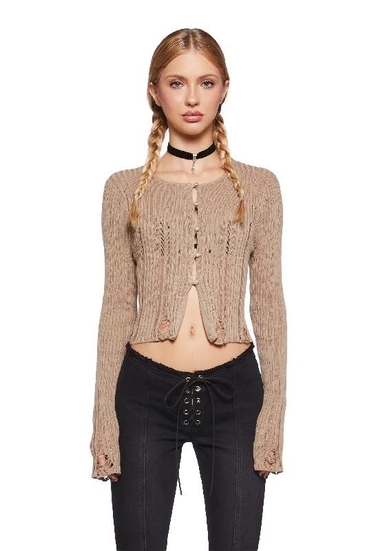 Travel Essentials Somewhere Now Distressed Cardigan - Beige