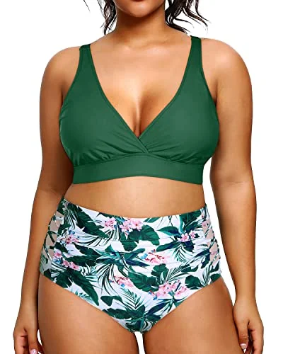 Stylish Looks 2 Piece Plus Size Bikini Set High Waisted Swimsuits Tummy Control Swimwear-Green Floral