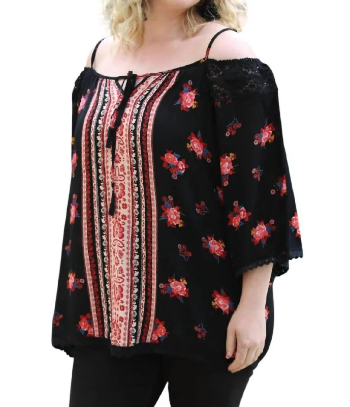 Chic Style Floral Twin Print Cold Shoulder Top - Plus In Black