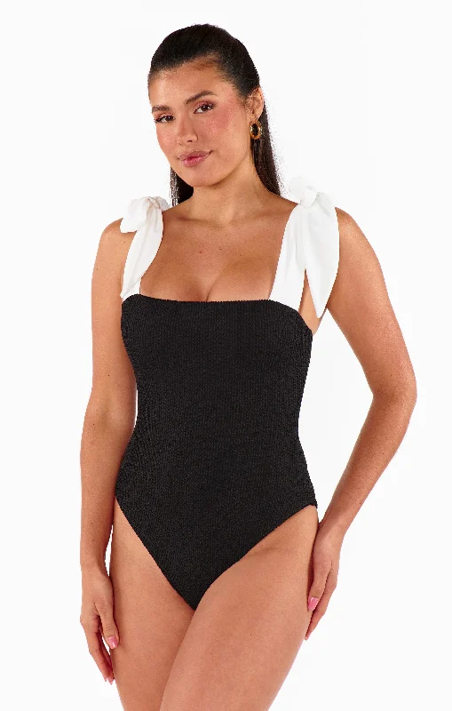 Last Chance Sale Hudson One Piece ~ Black Scrunch with White Bow