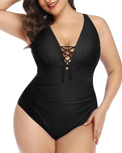 Innovate Your Wardrobe Plus Size Plunge V-Neck Lace-Up One Piece Swimsuit