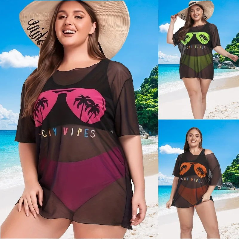 Fashion Forward, Function First Plus Size Women's Bikini Set With Loose Mesh Cover Up Coconut Trees 3-Pieces Bikini Mesh Swimsuits