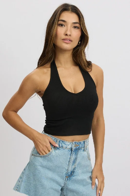 Trendy Styles Black Halter Top Sleeveless Rib