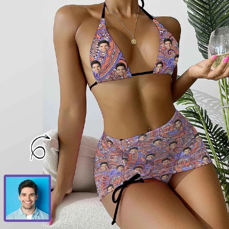 Style Streetwear Custom Face Tribal Bikini Set For Women 3-Pieces Summer Swimsuit