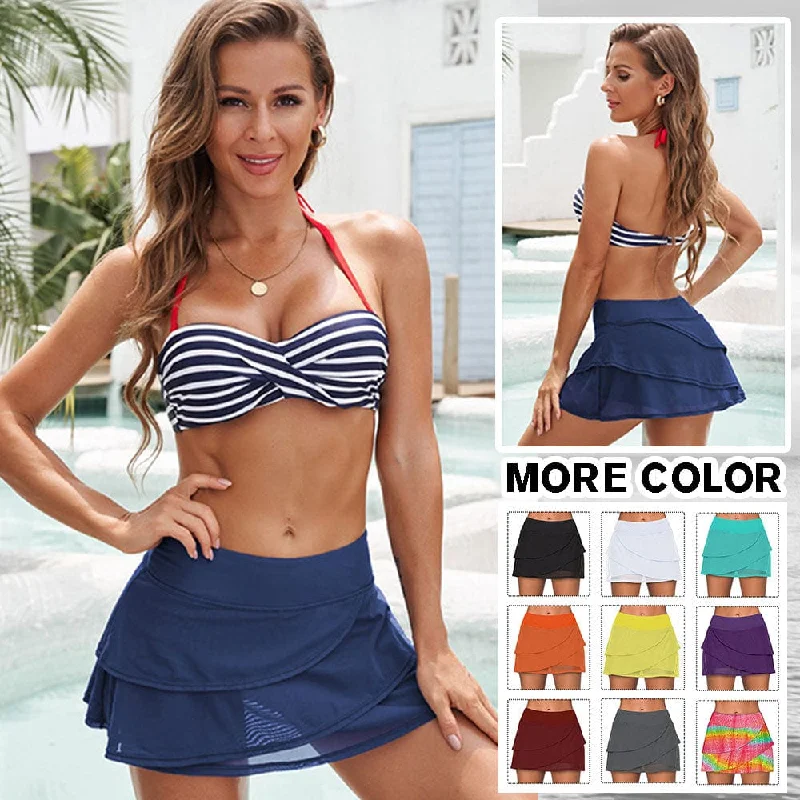 Vibrant Femme Fashion Women's Waistband Layered Swimdress Ruffle Swim Skirt Swimsuit Bottom Solid Mesh Cover Up Skirt