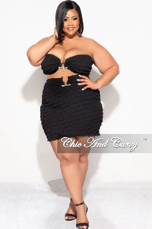 Flash Sale Fever Final Sale Plus Size 2pc Honeycomb Texture Strapless Top and Skirt Set in Black