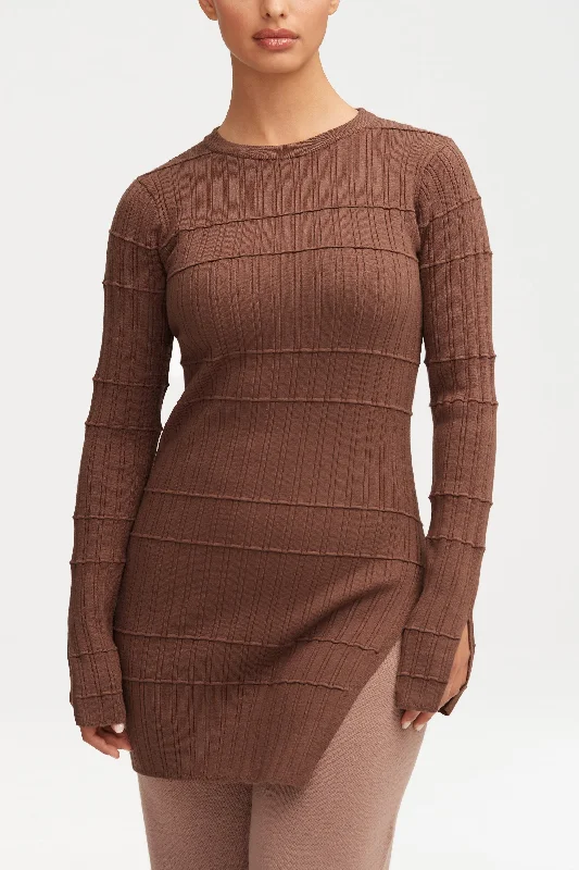 Unleash Your Trendy Side Milano Ribbed Knit Split Hem Top - Brown