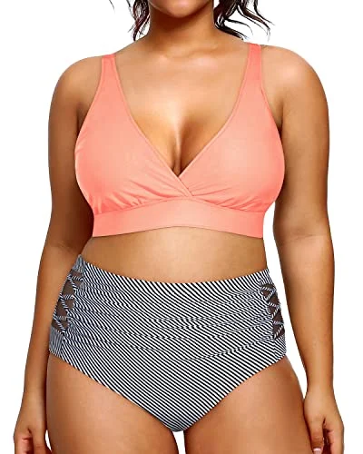 Unbeatable Prices Adjustable Wide Straps Plus Size Two Piece Bathing Suits-Coral Pink Stripe