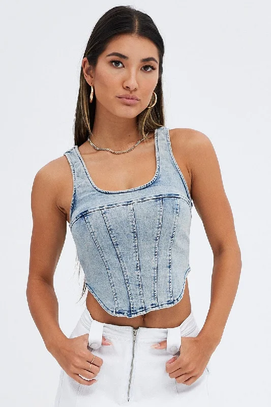 Day-To-Night Styles Denim Corset Sleeveless Scoop Neck Longline Stretch