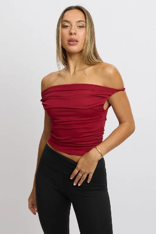 Casual Fashion Red Off Shoulder Top Mesh