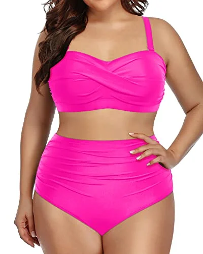 Seasonal Trends Women's Plus Size Two Piece Bandeau Bikini Tummy Control Swimwear-Neon Pink