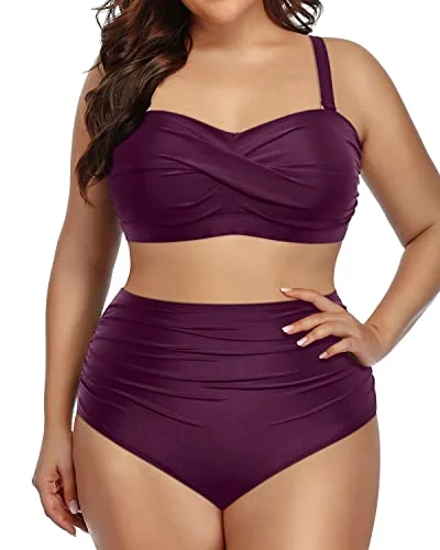 End Of Season Sale Twist-Front Plus Size Tummy Control Two Piece Swimsuits Bandeau Bikini Set-Maroon