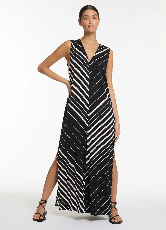 Sustainable Fashion Extravaganza Lunar Stripe Sleeveless Maxi Kaftan - Black/Chalk