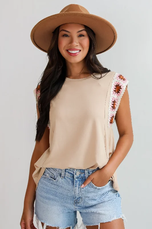 Athleisure Wear Special Offer FINAL SALE - Adored Cutie Mocha Crochet Sleeve Top - DU DEAL