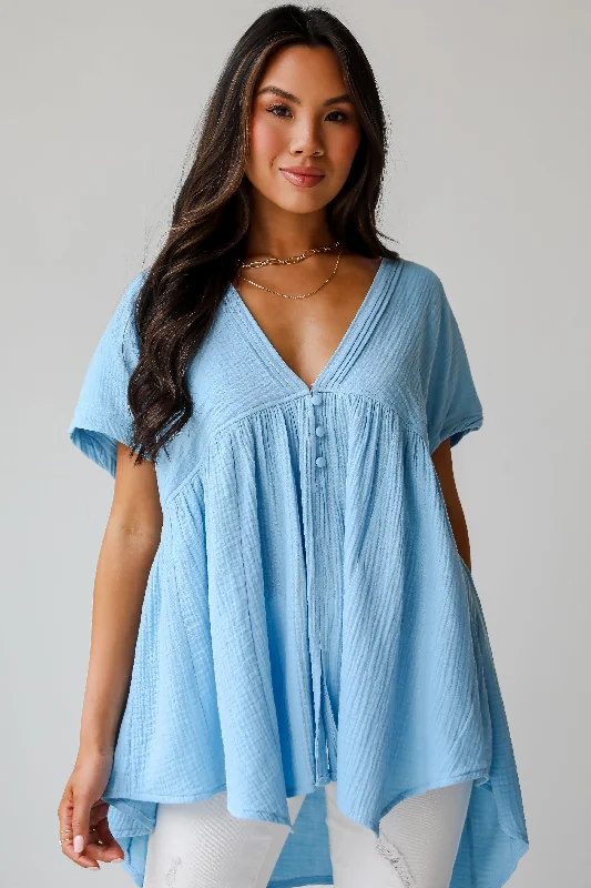 Designer Wear On Sale FINAL SALE - Blissful Icon Light Blue Linen Blouse