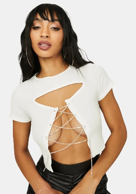 Fashion-Forward Ivory At My Worst Lace Up Crop Tee