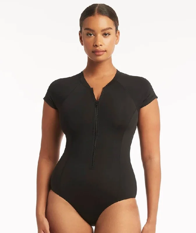 End Of Season Clearance Sea Level Eco Essentials Short Sleeve A-DD Cup One Piece Swimsuit - Black