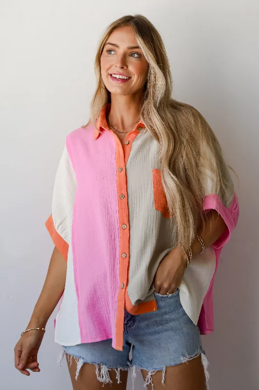 Father's Day Deals FINAL SALE - Daily Cuteness Color Block Linen Blouse