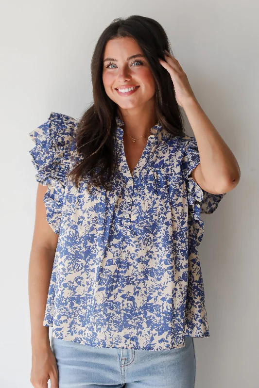 Playful Elegance Dainty Ideal Blue Floral Blouse